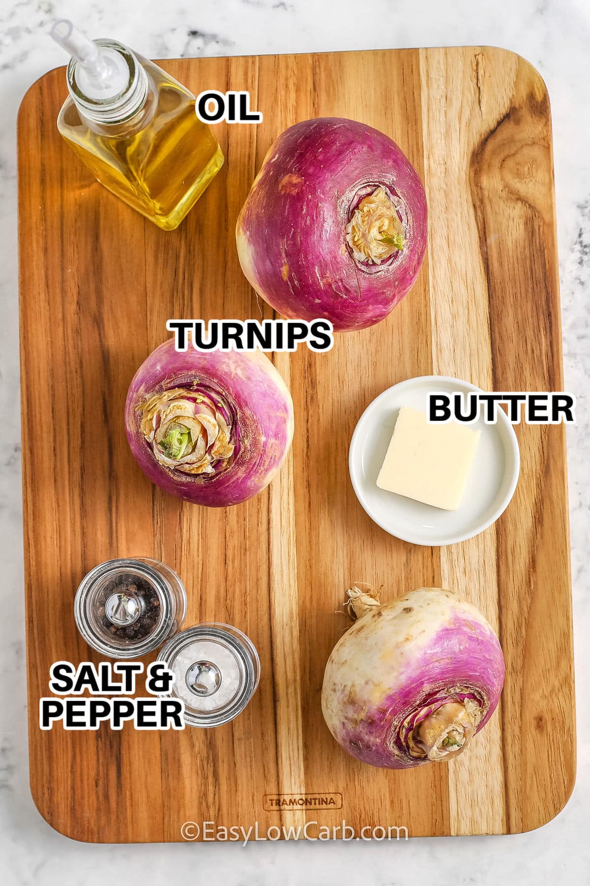 oil , turnips , butter , salt and pepper with labels to make Roasted Turnips