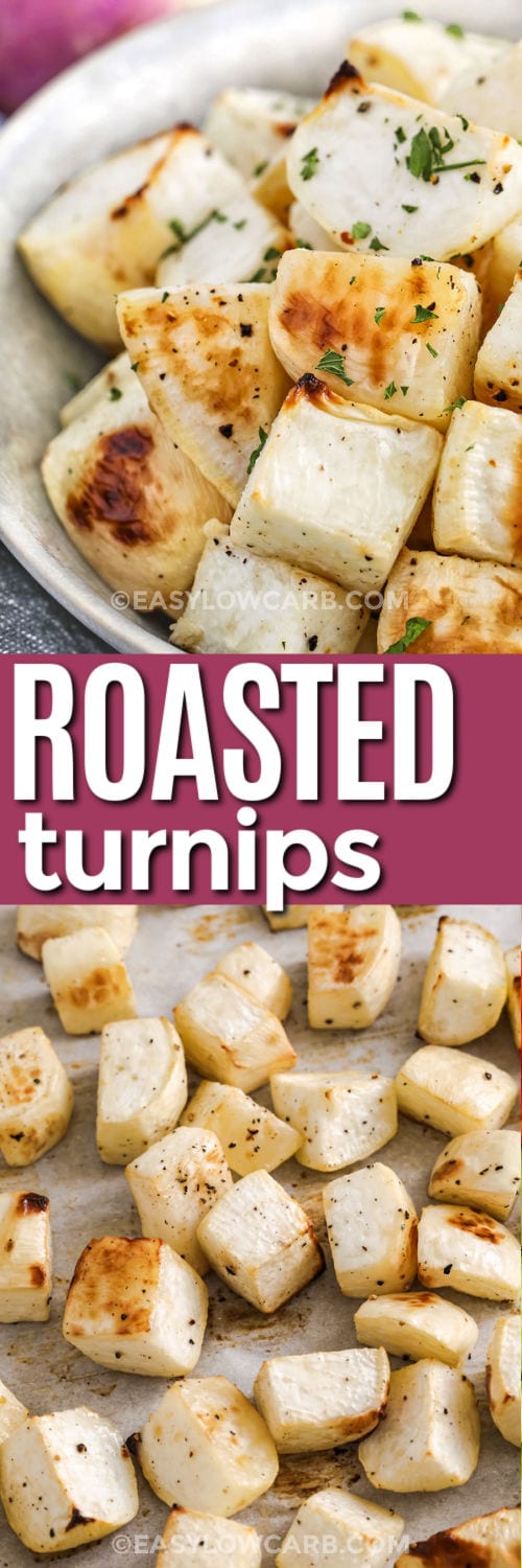 Roasted Turnips on a sheet pan and in a bowl with a title