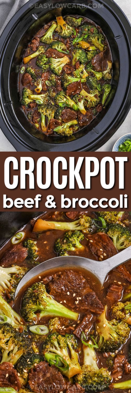 Slow cooker beef and broccoli in a crock, over a closeup of a spoon dishing out a portion, with a title