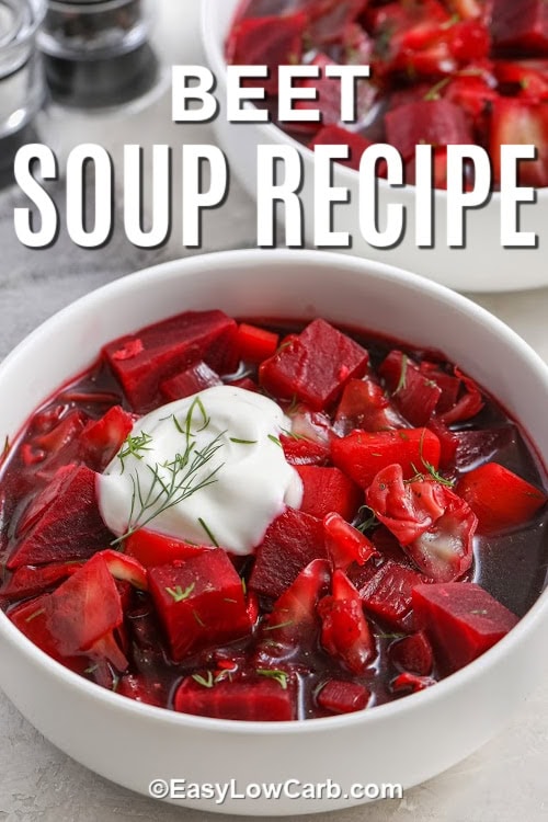 a bowl of beet soup with a title