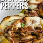 plated low carb Cheesesteak Stuffed Peppers with writing