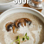 bowl of mushroom soup with writing