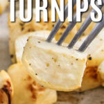 low carb Roasted Turnips on a fork with writing