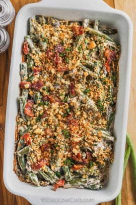 casserole dish of Keto Green Bean Casserole