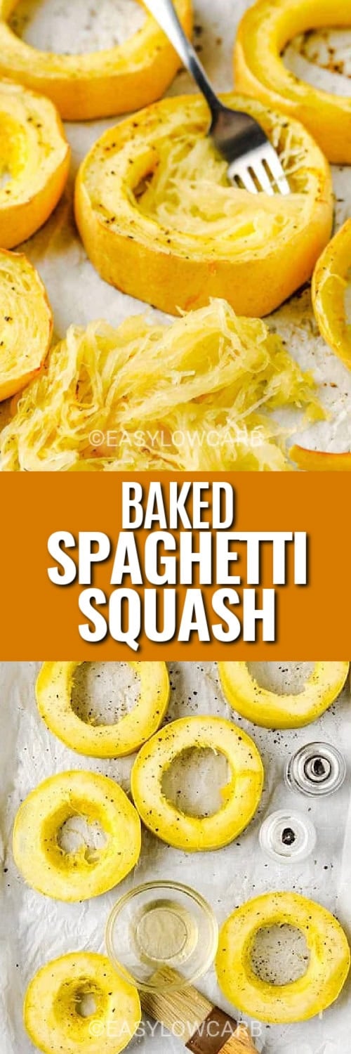 spaghetti squash and ingredients with text