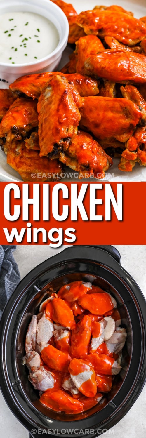 Crockpot Chicken Wings in the pot and plated with a title