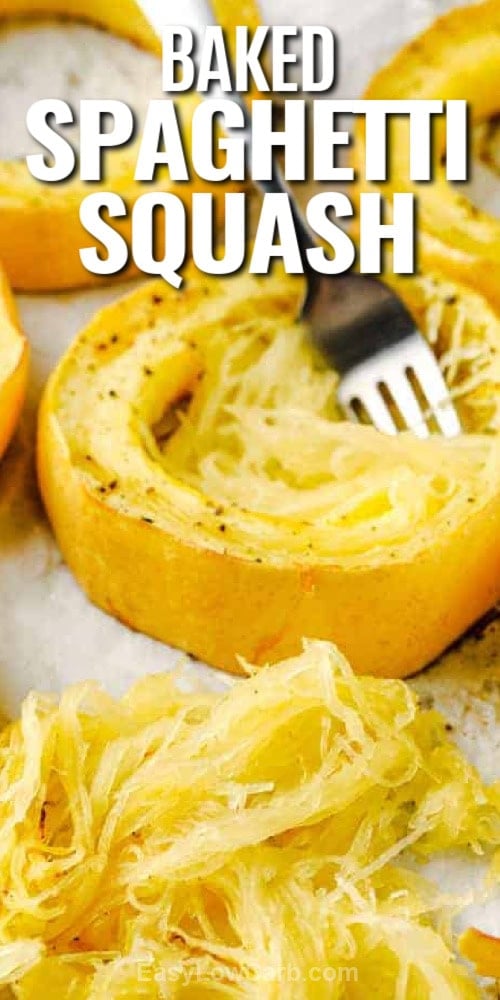 spaghetti squash on a pan with text