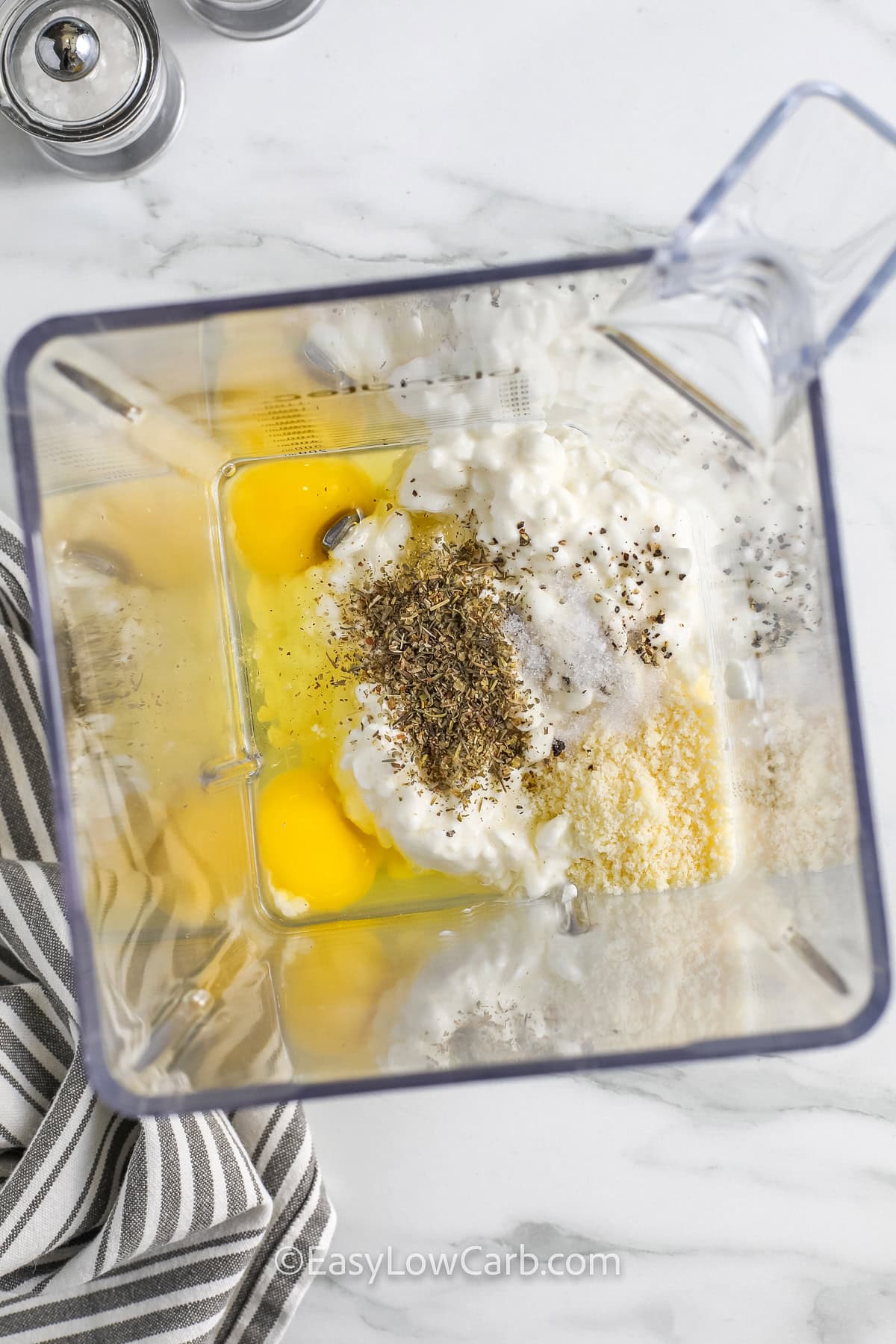 adding ingredients to blender to make Cottage Cheese Flatbread