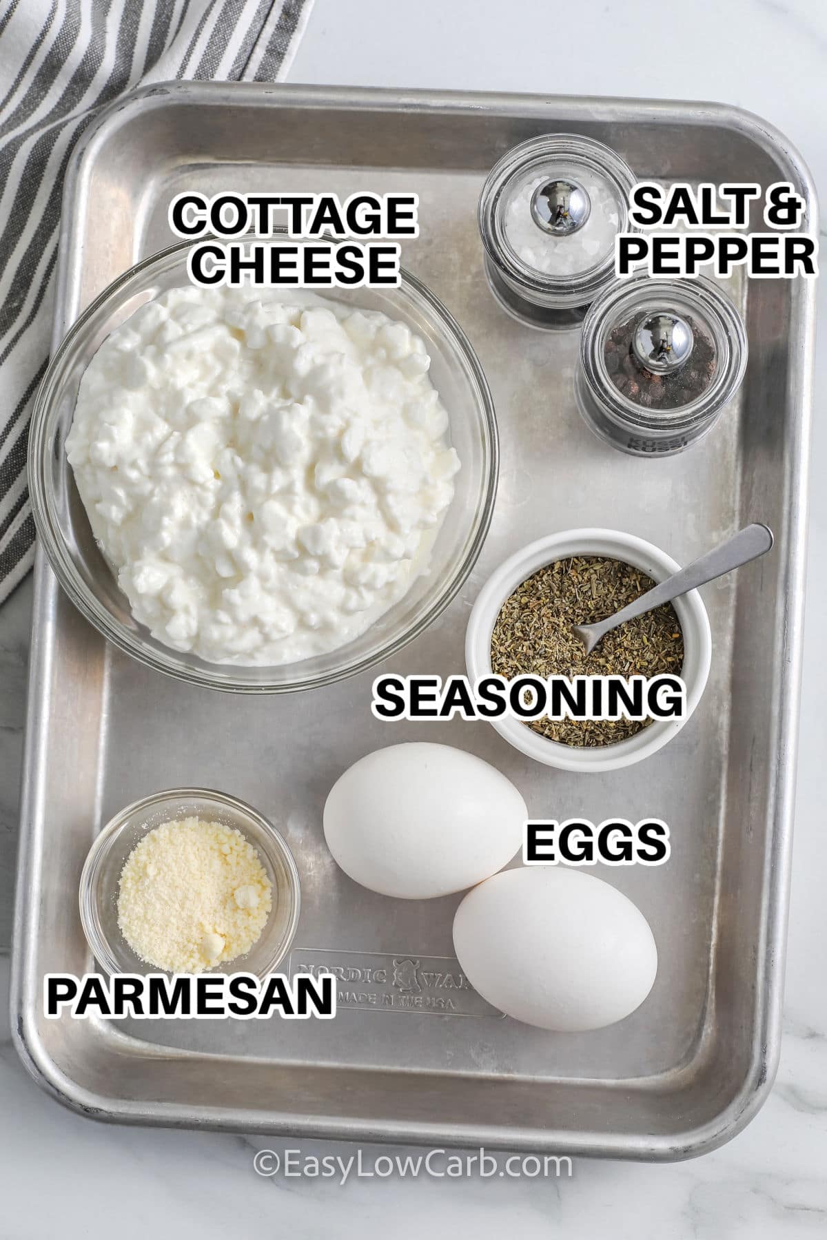 cottage cheese , salt and pepper , seasonings , eggs, parmesan with labels to make Cottage Cheese Flatbread