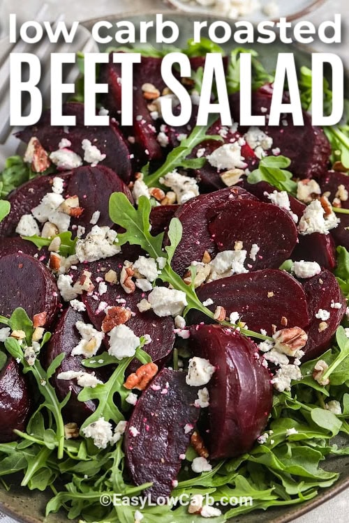 roasted beet salad in a bowl with writing