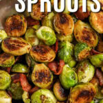 A serving dish of brussels sprouts with a title