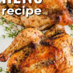 two roasted Cornish hens on a white serving tray and garnished with thyme, with a title
