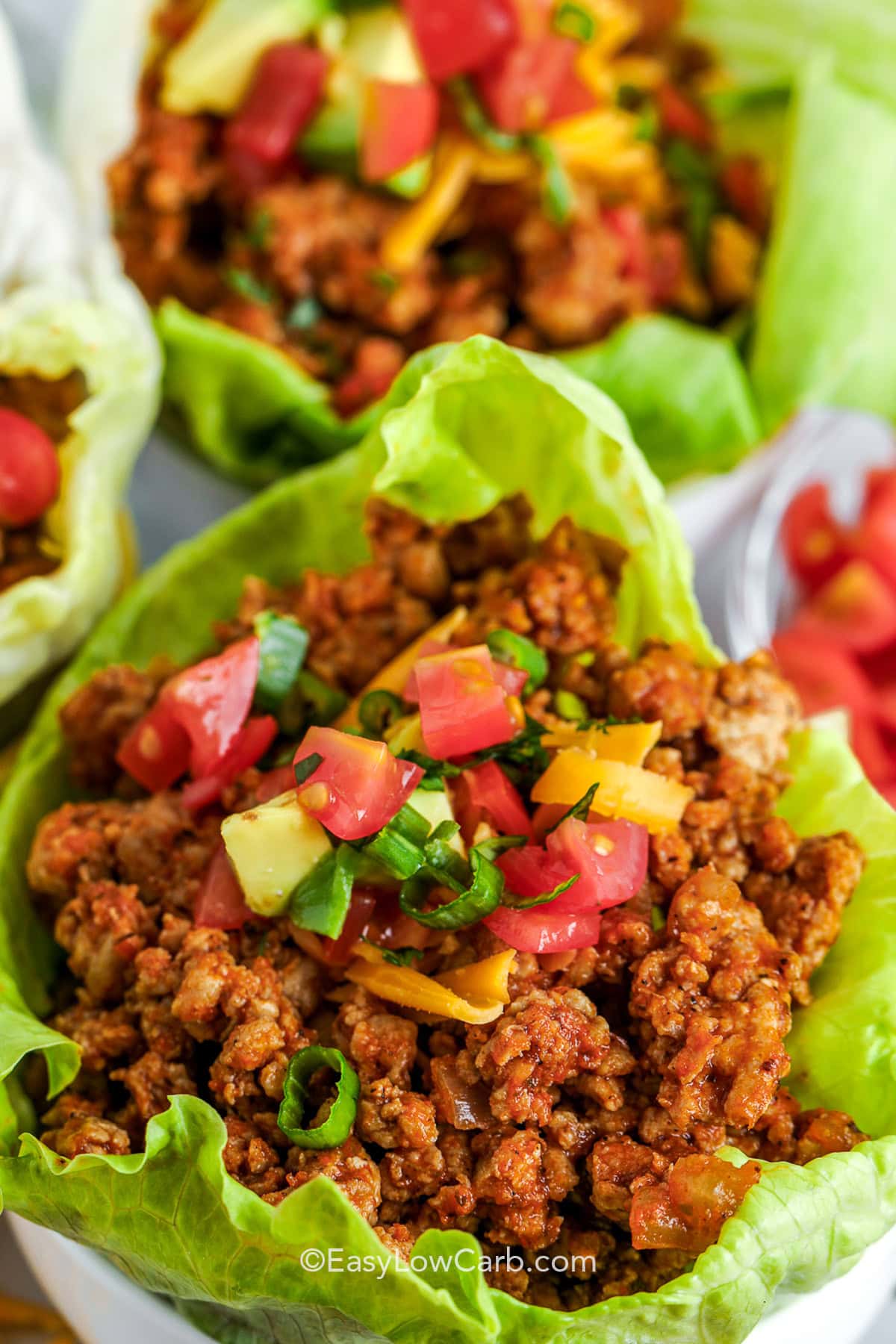 cropped taco lettuce wraps with veggie and cheese garnish