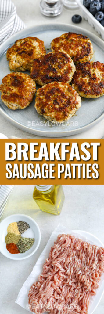 breakfast sausage patties and ingredients with text