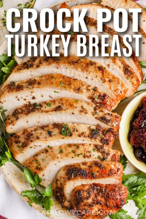 crock pot turkey breast and cranberries with text