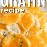 cheesy Keto Daikon Potato Gratin Recipe on a plate with a title