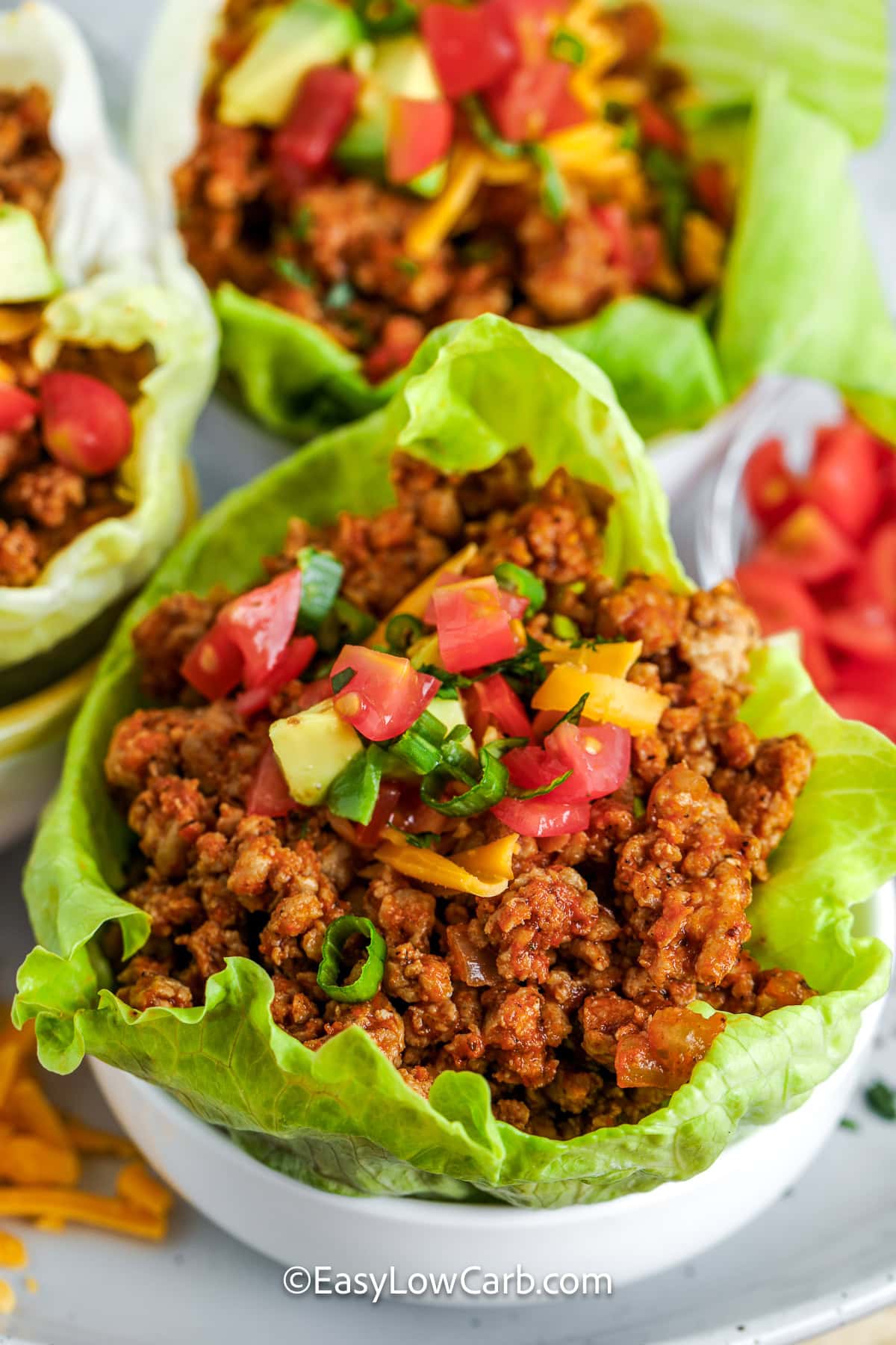 taco lettuce wraps garnished with diced veggies and green onion