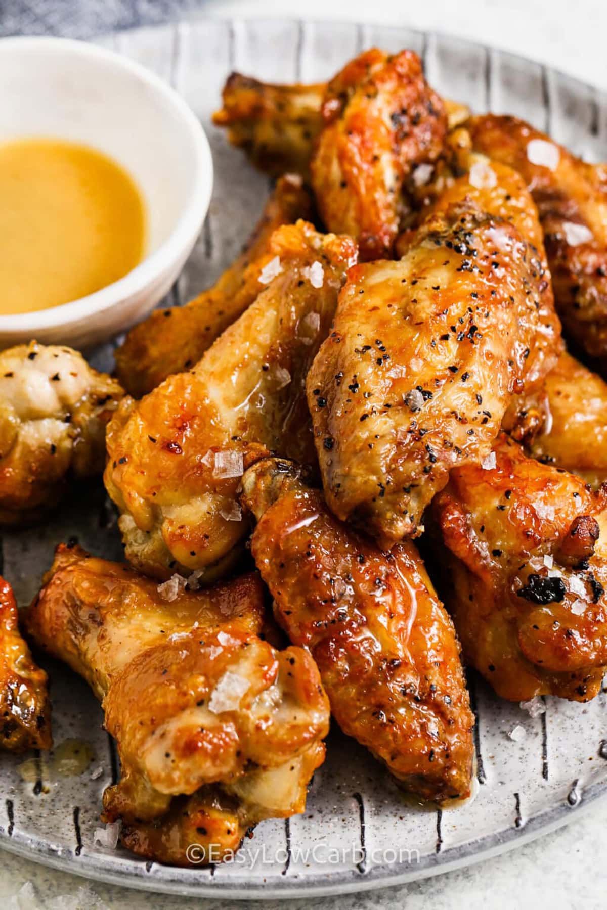 These crispy air fryer salt and vinegar wings are the answer, if you are looking for an easy flavorful meal that quick and low carb! With simple seasonings and a tangy vinegar butter sauce, these wings are crispy on the outside and tender on the inside. The best part? They cook up fast in the air fryer, making them a perfect choice for busy nights or casual gatherings. #easylowcarb plated Salt and Vinegar Wings with dip
