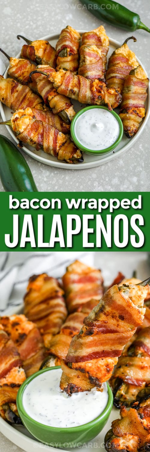 Make bacon wrapped jalapenos for game day, potlucks, and snack boards when you want a low carb bite that feels special. Seed the peppers well for a milder result, or leave a little membrane for extra heat. A cream cheese and sharp cheddar filling adds rich flavor, while hot oven baking keeps the bacon crisp. Toothpicks help hold everything together for easy serving. #easylowcarb Bacon Wrapped Jalapenos on a plate and dipping one in ranch with a title