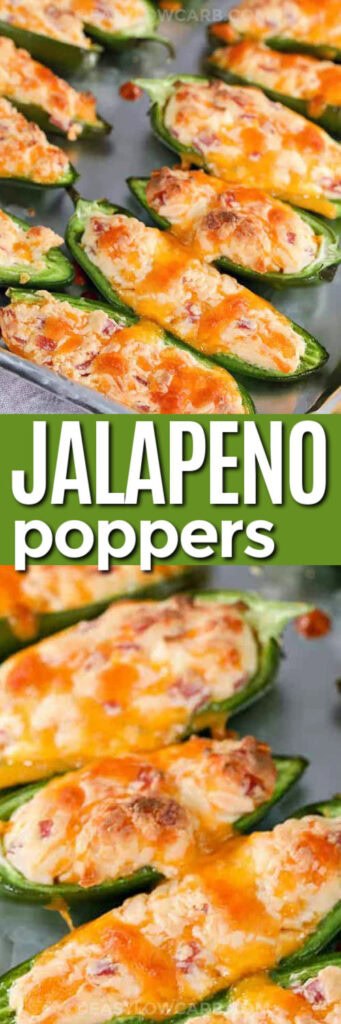 Baked Jalapeno Poppers in a sheet pan and close up photo with a title