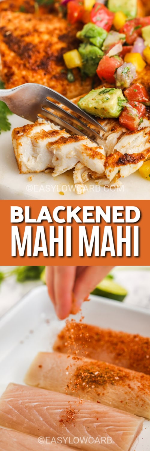 blackened mahi mahi and cooking process with text