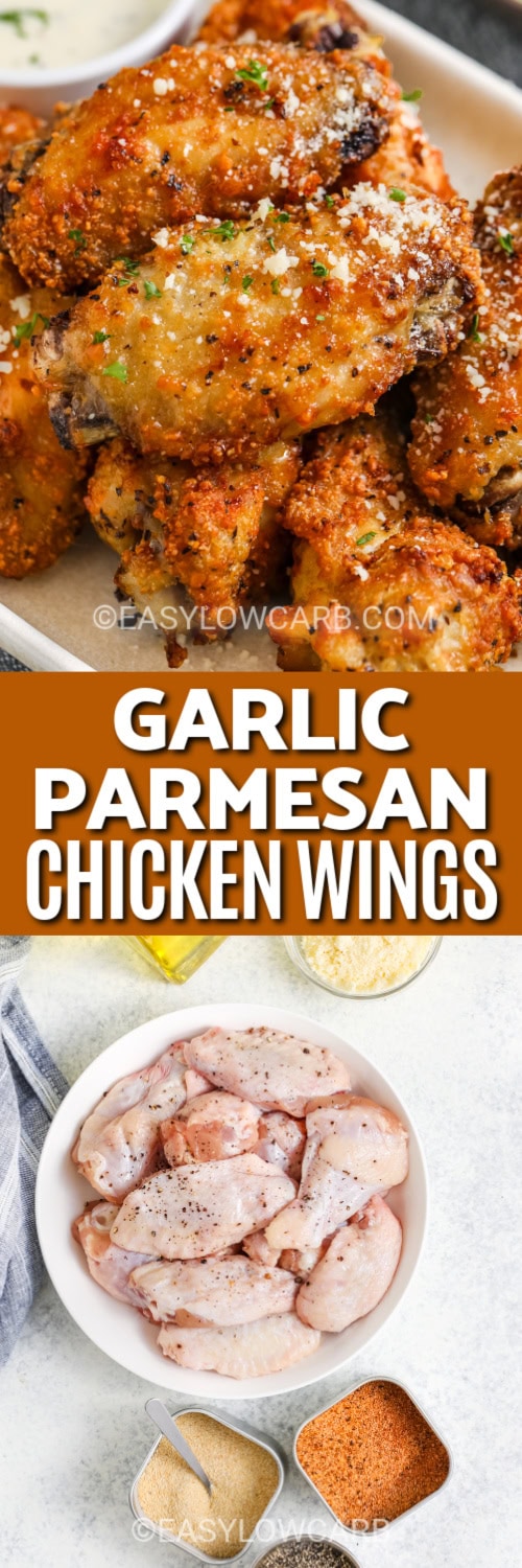 garlic parmesan chicken wings and ingredients with text