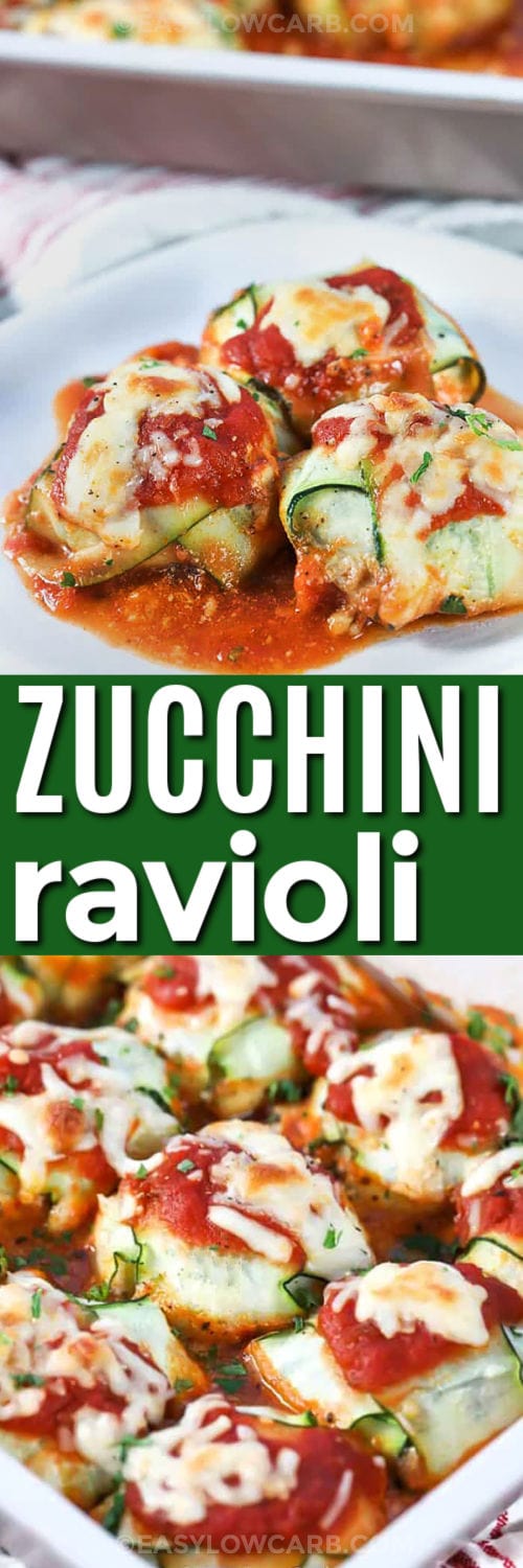 Zucchini Ravioli in the dish and plated with a title
