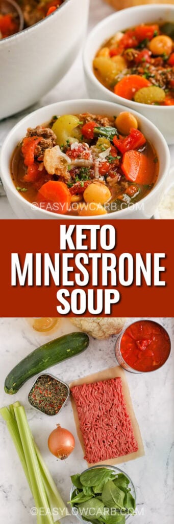 keto minestrone soup and ingredients with text