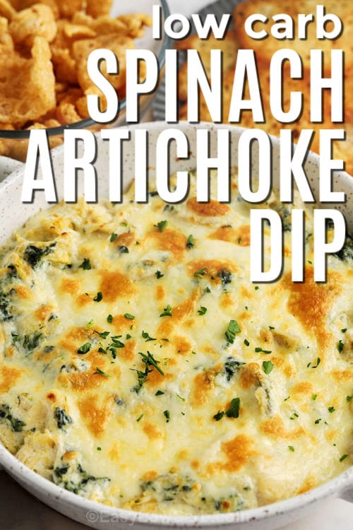 cheesy Hot Spinach Artichoke Dip with writing