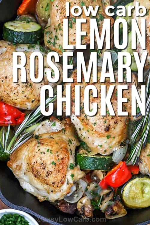 pan of low carb Lemon Rosemary Chicken with writing