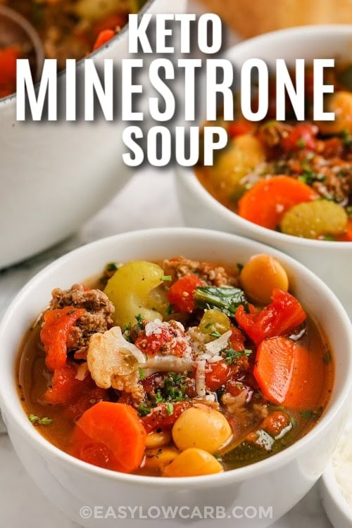 keto minestrone soup in bowls with text