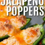 close up of cheesy Baked Jalapeno Poppers with writing