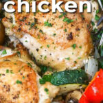 close up of Lemon Rosemary Chicken in a pan with a title