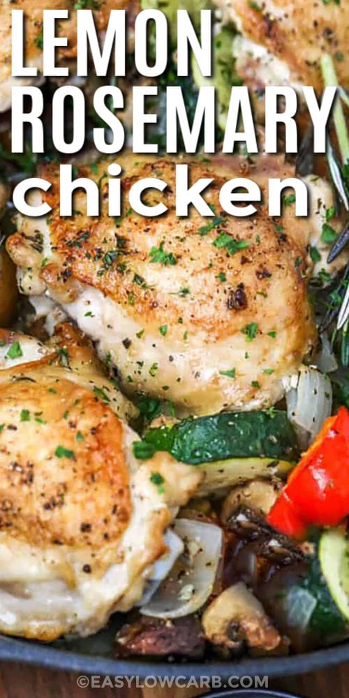 close up of Lemon Rosemary Chicken in a pan with a title