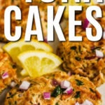 low carb Tuna Cakes Recipe on a plate with writing