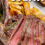 oven baked steak and grilled potatoes on a white plate with a title