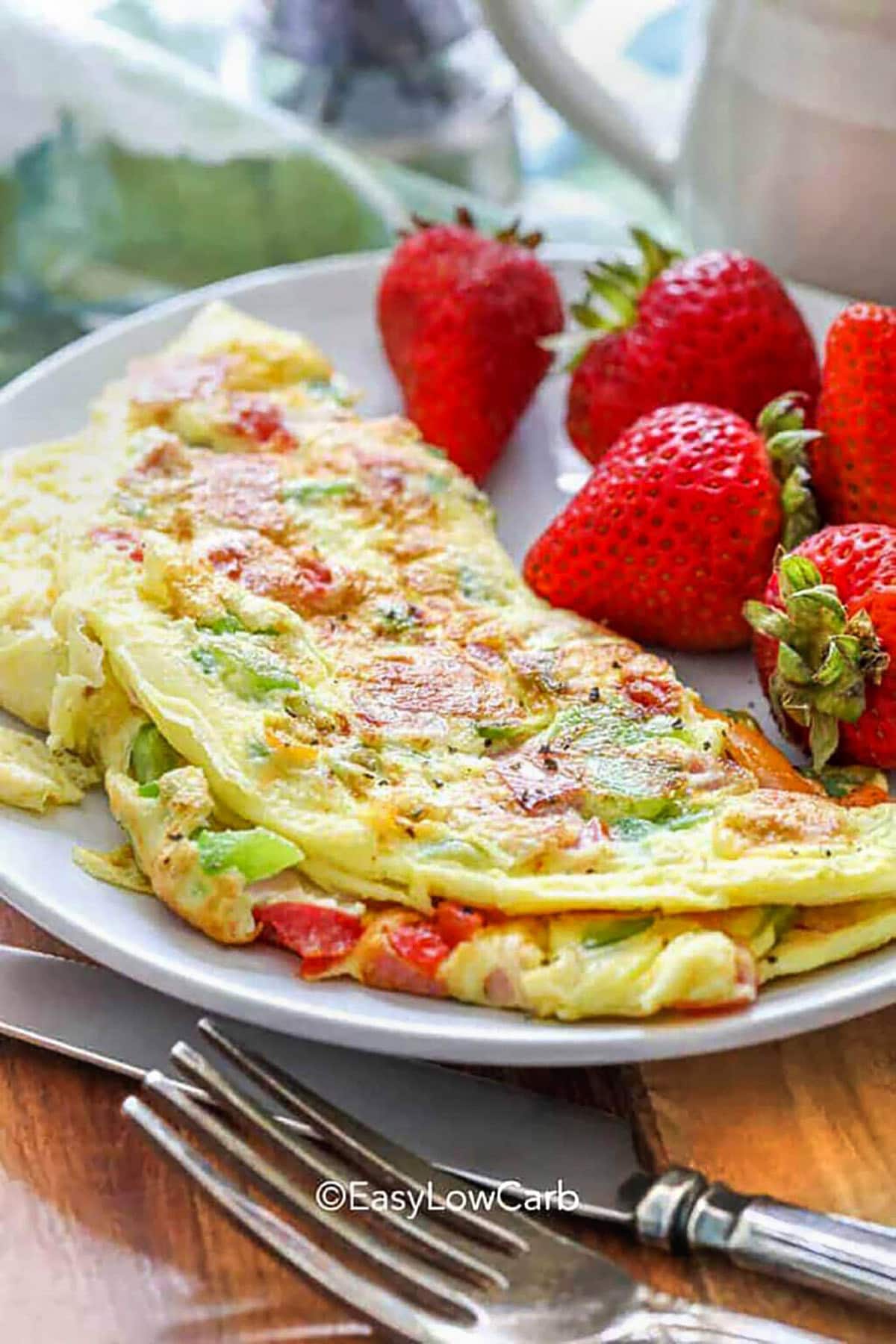 This Denver omelette recipe is the perfect combination of fluffy eggs, smoky ham, and sautéed bell peppers, making it a hearty and delicious way to start your morning. With just a handful of simple ingredients and a quick cooking time, it’s an easy go-to breakfast for busy weekdays or a leisurely brunch. A layer of gooey melted cheddar takes it to the next level, giving it that perfect cheesy bite. Serve it on its own or with a side of fresh fruit for a balanced, satisfying meal! #easylowcarb plated Denver Omelette Recipe with cheese
