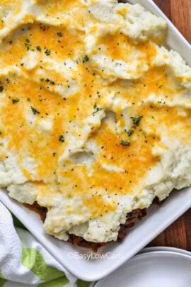 Looking down on a baked low carb shepherd's pie.