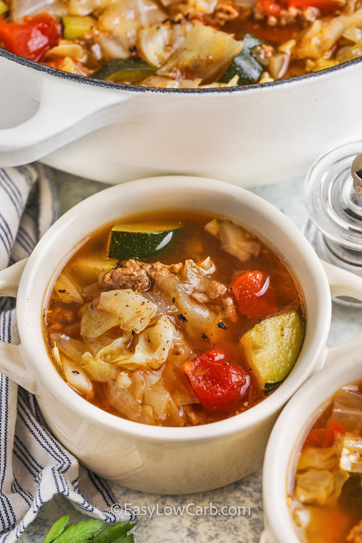 This ground beef vegetable soup is loaded with cabbage, zucchini, and tomatoes in a rich beef broth for the ultimate low carb meal. It’s warm, hearty, and packed with flavor, making it the perfect comfort food for chilly nights. Quick and easy to prepare, this one pot soup is great for meal prep and reheats beautifully. Serve it on its own or with keto-friendly toppings for a delicious twist! #easylowcarb Ground Beef Vegetable Soup in a bowl and pot full in the back