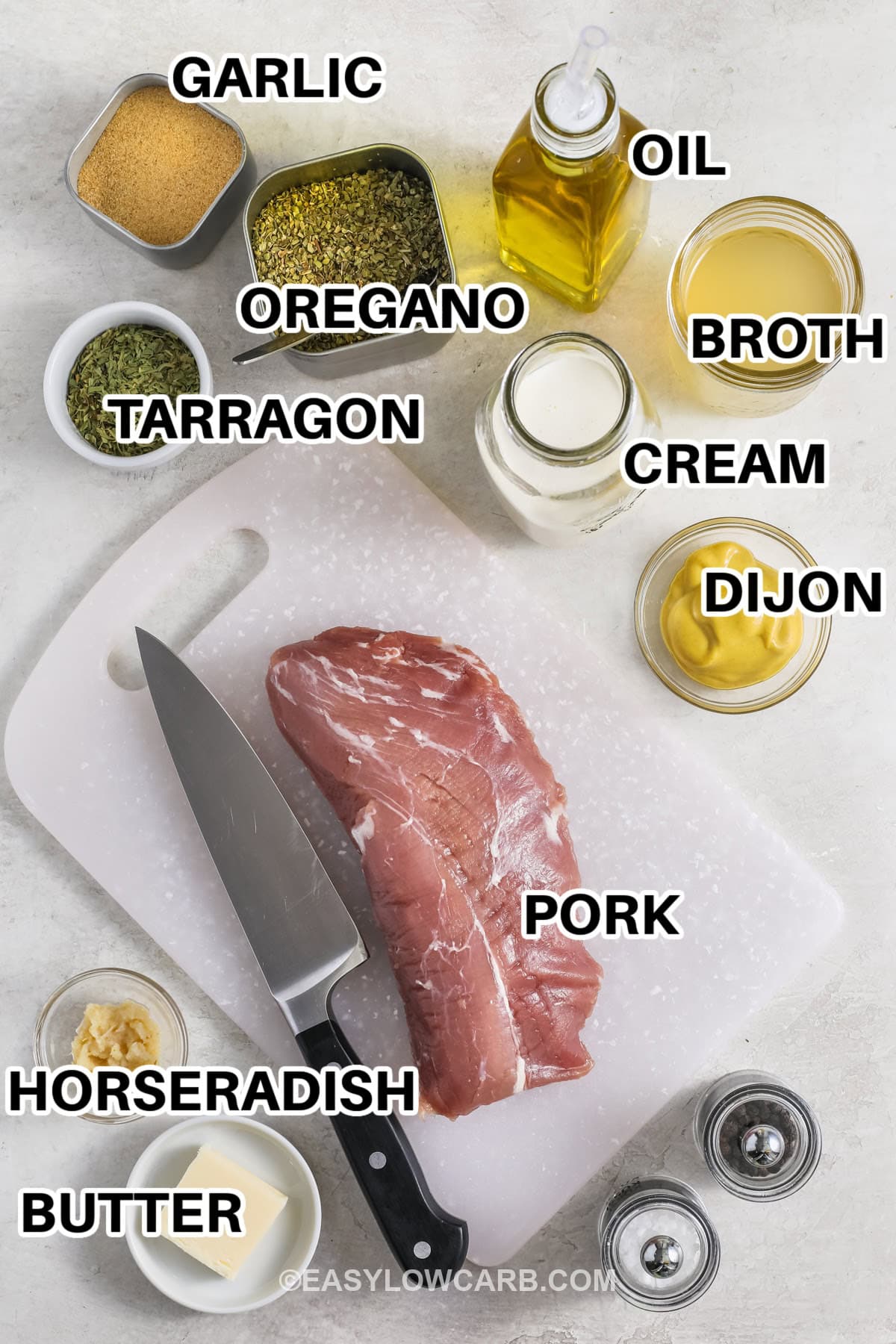 garlic , oregano , tarragon , oil , broth , cream , dijon , pork , horseradish and butter with labels to make Creamy Dijon Pork Tenderloin Medallions
