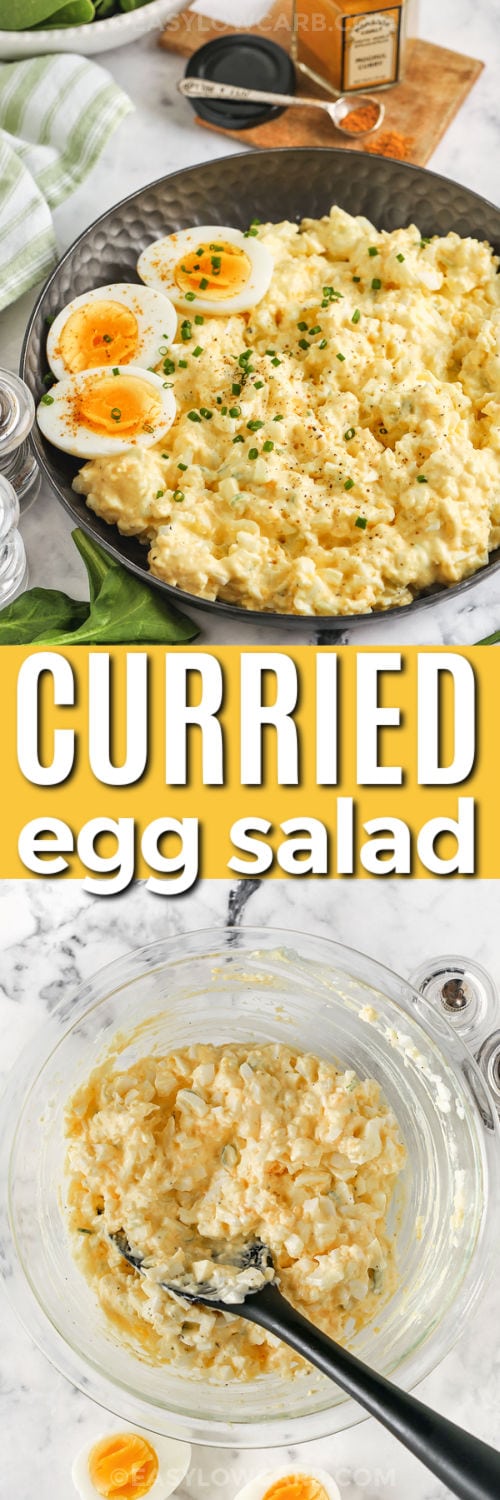 Curried Egg Salad mixed in a bowl and plated with a title