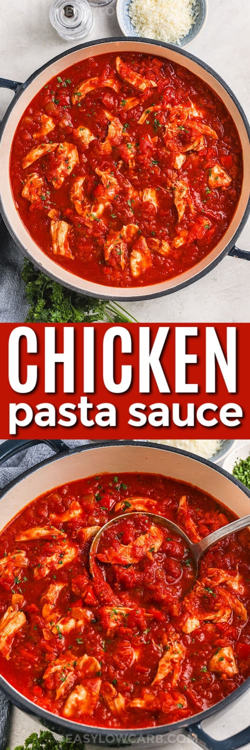 Chicken Pasta Sauce in the pot and close up with a title