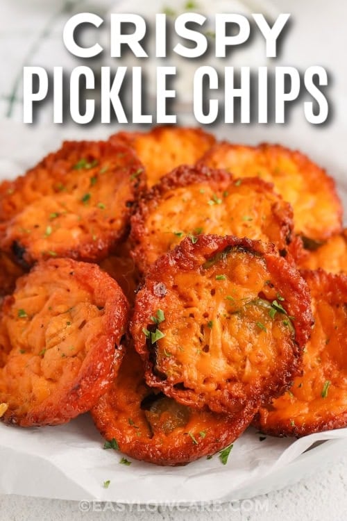 crispy pickle chips on a plate with text