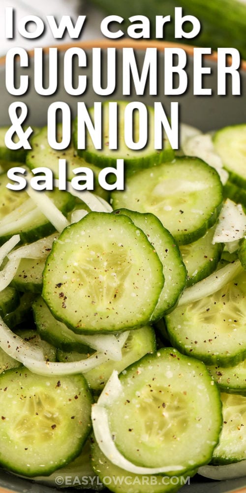 Close up of low-carb cucumber & onion salad, with writing