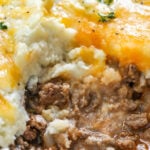 close up of cheesy Easy Low Carb Shepherd's Pie with a title