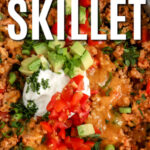 keto Cheesy Taco Skillet in the pan with writing