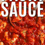 close up of Chicken Pasta Sauce in a pot with a ladle and a title