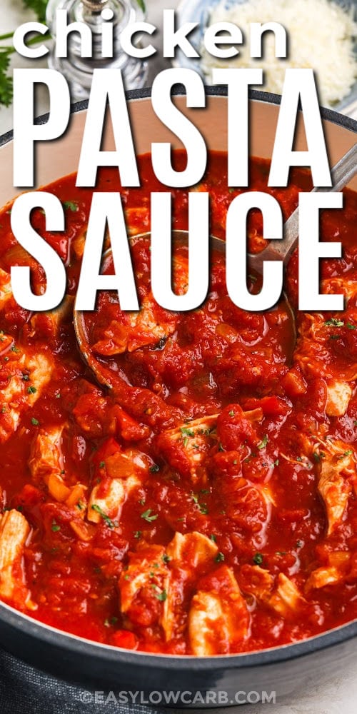 close up of Chicken Pasta Sauce in a pot with a ladle and a title