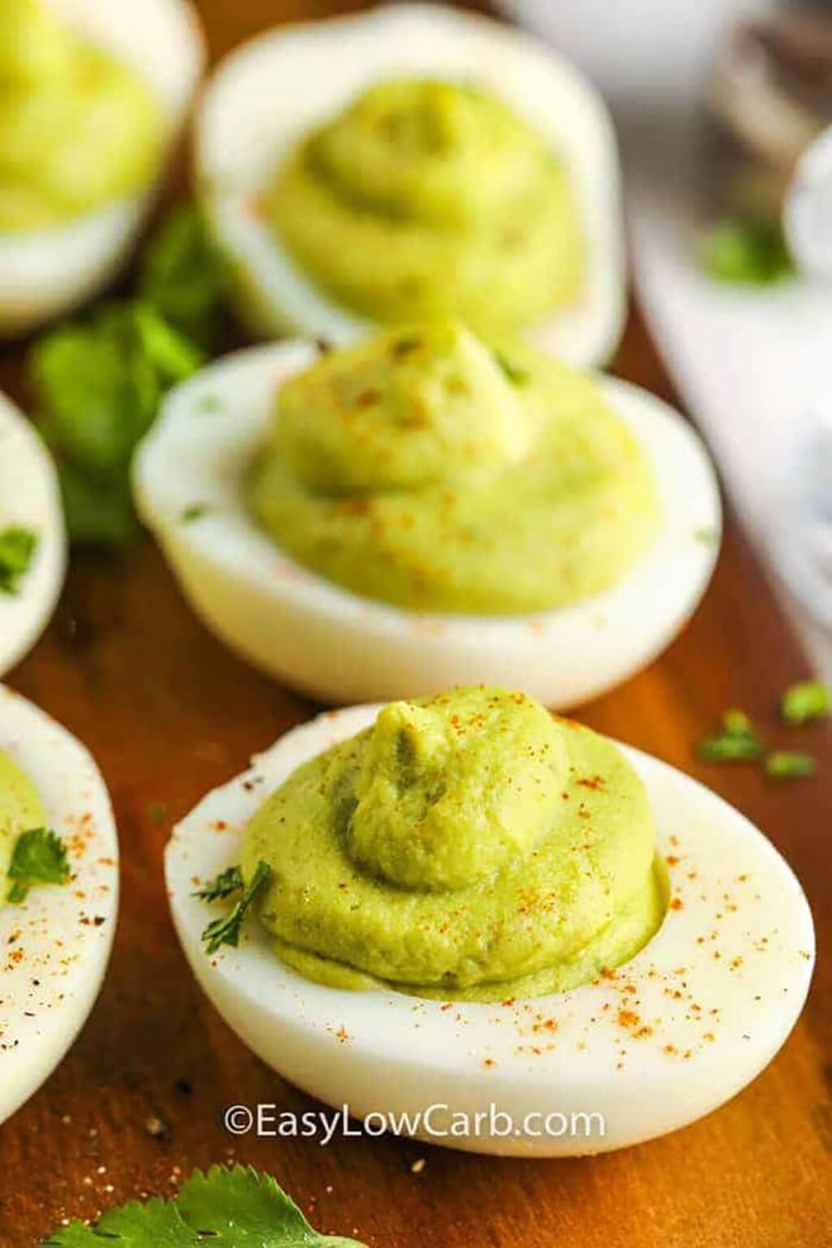 Avocado Deviled Eggs with seasonings on top