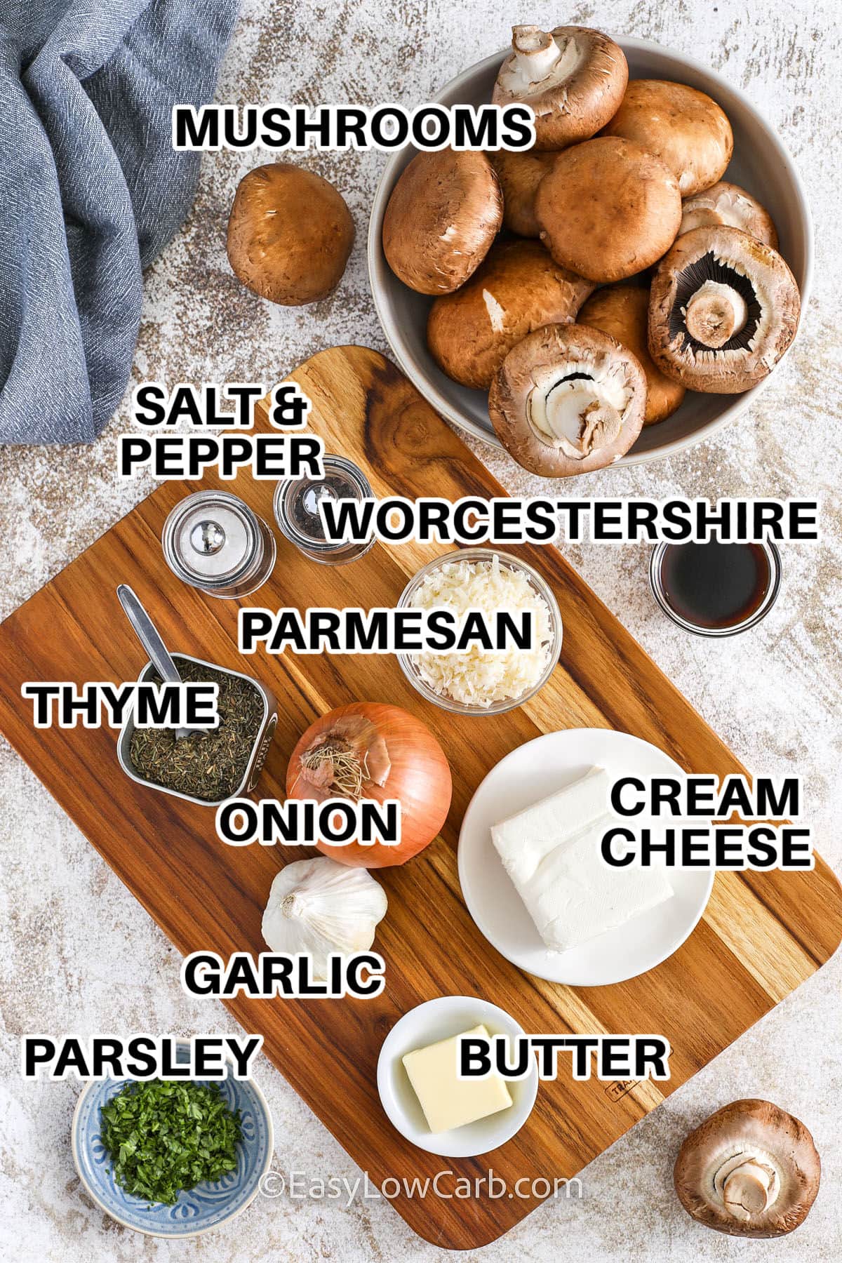 mushrooms , worcestershire sauce , parmesan , cream cheese , butter , onion , garlic , parsley , thyme , salt and pepper with labels to make Air Fryer Stuffed Mushrooms